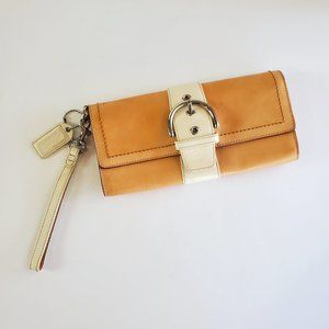 Vtg Coach White & Brown Color Block Vanchetta Leather Clutch Purse w/ Wristlet